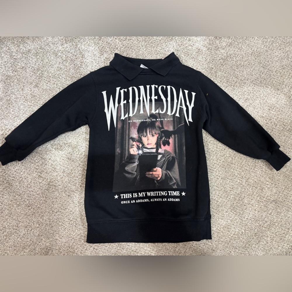 Zara Wednesday Addams Sweatshirt Tunic Dress Kids Girls 6-7 Black Collar Goth